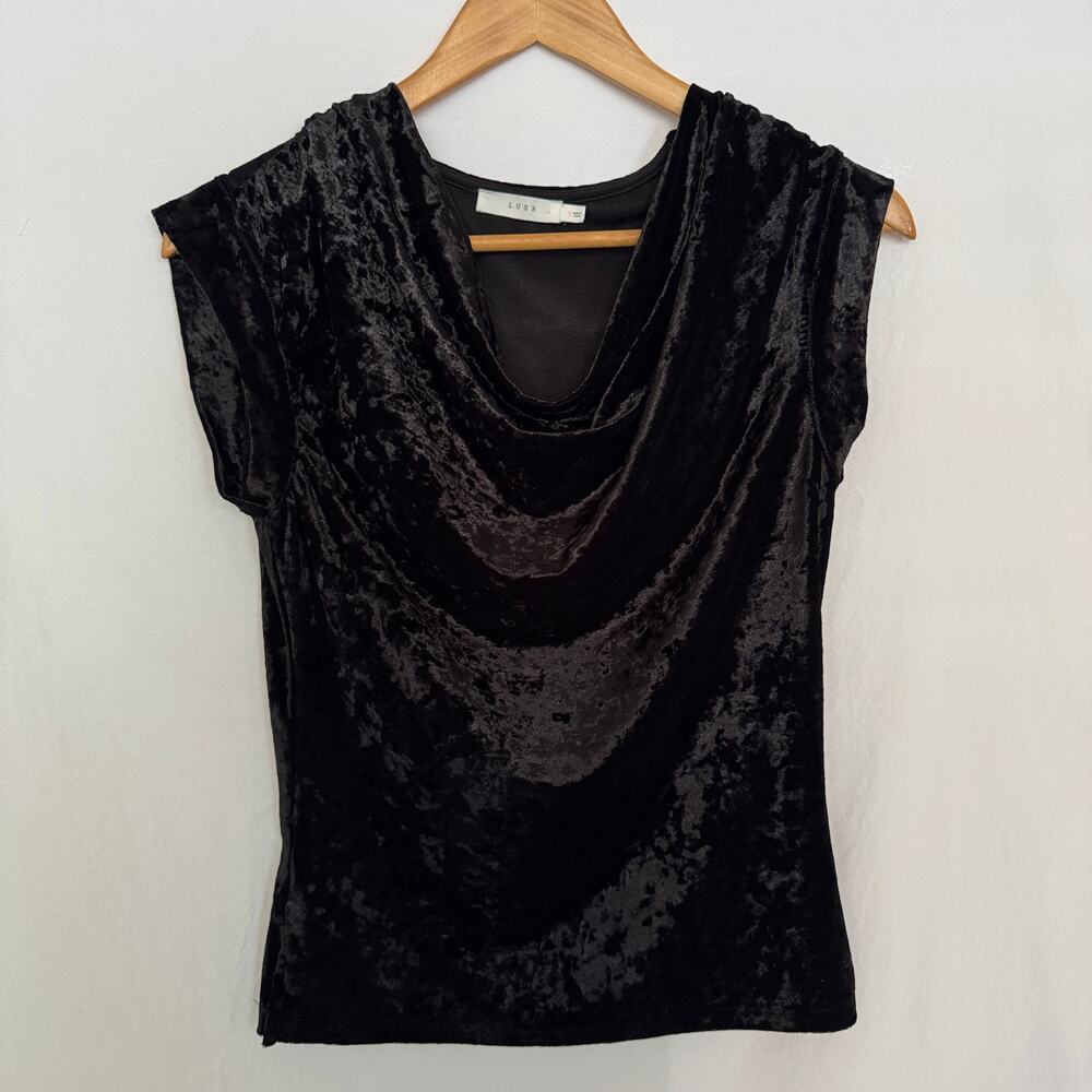 Black Velvet Cowl Neck Top Short Sleeve Small Whimsygoth